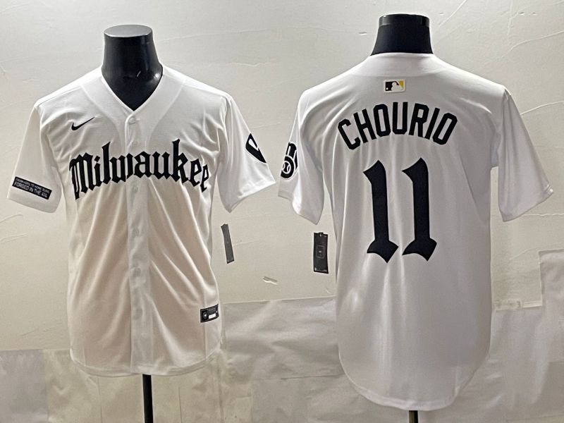 Men 2025 Milwaukee Brewers #11 Chourio White Five generations Joint Name Nike MLB Jersey style 02